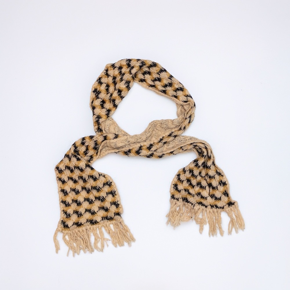Missoni Beige & Black Patterned Knit Wool Scarf‎ with Fringe Trim